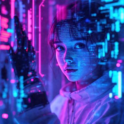 The primary subject of the image is a woman wearing a white jacket and gloves. She is standing in front of a pink and blue background, which appears to be a digital art or illustration. The visual style of the image suggests that it is a photo or a digital artwork, rather than a drawing or a pattern. The colors and mood of the image are vibrant and energetic, with the pink and blue hues creating a lively atmosphere.